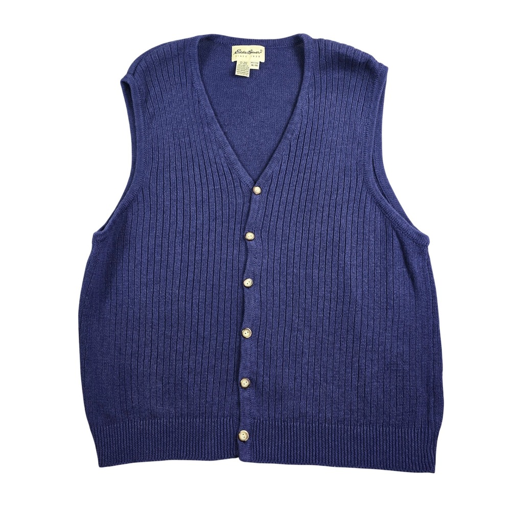 Vintage Eddie Bauer Sweater Vest Mens XL Blue Linen‎ Cotton Ribbed Button Front